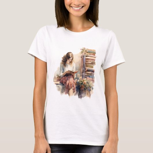 Retro Meisje Lezen Boek door Window Flower T-shirt (Voorkant)