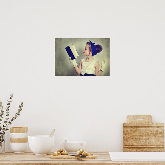  retro meisje lezen boek poster (Keuken)
