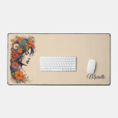 Retro Meisje met Bloemen in Haar Bureaumat (Keyboard & Muis)