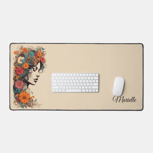 Retro Meisje met Bloemen in Haar Bureaumat (Keyboard & Muis)