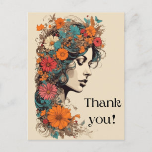 Retro meisje met bloemen in haar haar ansichtkaart briefkaart