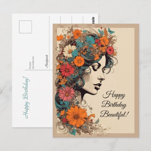 Retro Meisje met Bloemen in haar haar Briefkaart (Voorkant / Achterkant)