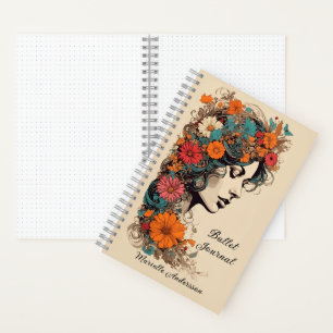 Retro Meisje met Bloemen in haar Haar Bullet Journ Notitieboek