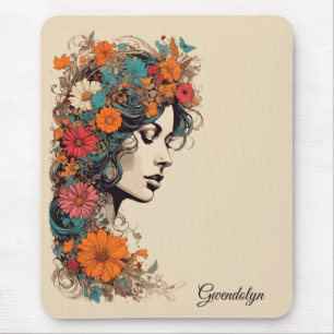 Retro Meisje met Bloemen in haar Haar Muismat