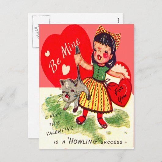  Retro Meisje Met Kat Valentijn Kaart (Voorkant / Achterkant)