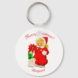 Retro Meisje Met Konijn Kerst Sleutelhanger