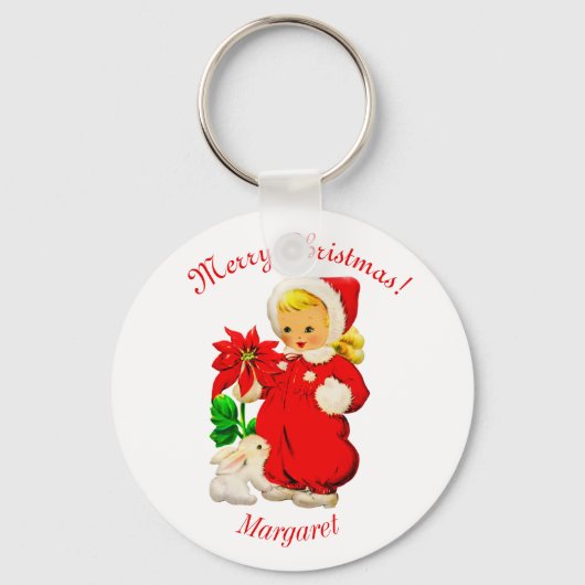 Retro Meisje Met Konijn Kerst Sleutelhanger (Voorkant)