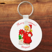 Retro Meisje Met Konijn Kerst Sleutelhanger (Voorkant)