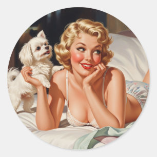 Retro Meisje met Maltese Hond 50's Pin-up Art Ronde Sticker