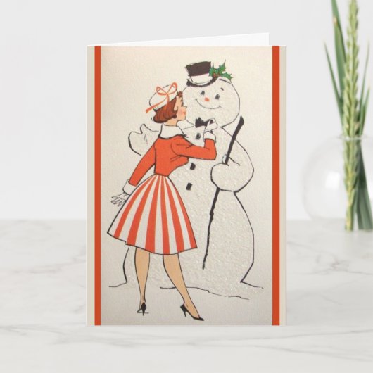  retro meisje met sneeuwpop aangepaste kerst feestdagen kaart (Voorkant)