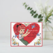  Retro-meisje met Valentijnsdag voor blauwvogels Briefkaart (Staand voorkant)