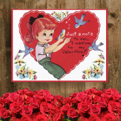  Retro-meisje met Valentijnsdag voor blauwvogels Briefkaart