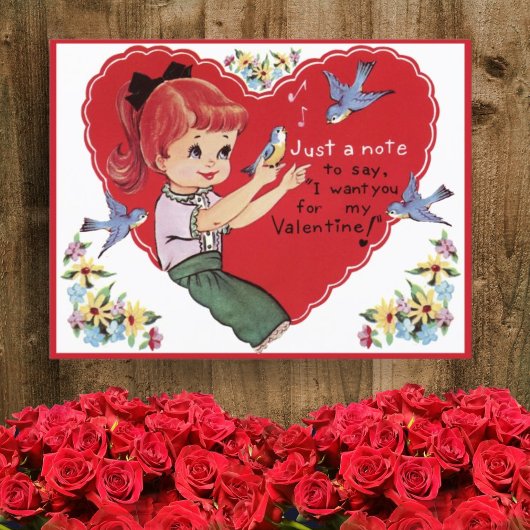  Retro-meisje met Valentijnsdag voor blauwvogels Briefkaart