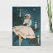  Retro-meisje met witte kerst Feestdagen Kaart (Voorkant)