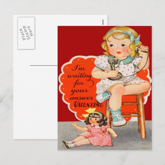  Retro Meisje op Telefoon Valentijn Kaart (Voorkant / Achterkant)