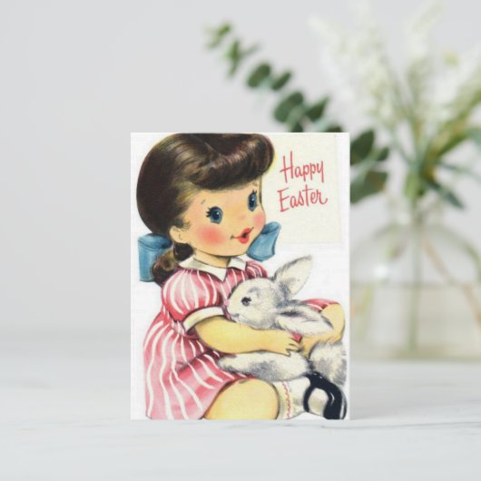 Retro  meisje Paashaas briefkaart (Staand voorkant)