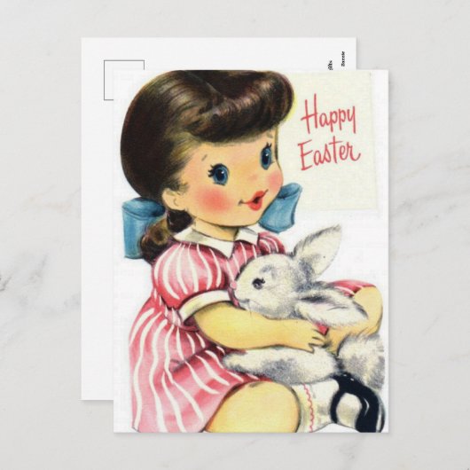 Retro meisje Paashaas briefkaart (Voorkant / Achterkant)