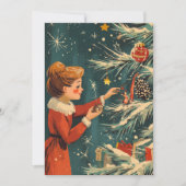 Retro Meisje Rode Jurk Decoreren Kerstboom Feestdagenkaart (Voorkant)