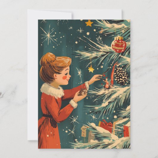 Retro Meisje Rode Jurk Decoreren Kerstboom Feestdagenkaart (Voorkant)