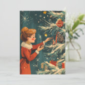 Retro Meisje Rode Jurk Decoreren Kerstboom Feestdagenkaart (Staand voorkant)