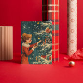 Retro Meisje Rode Jurk Decoreren Kerstboom Feestdagenkaart