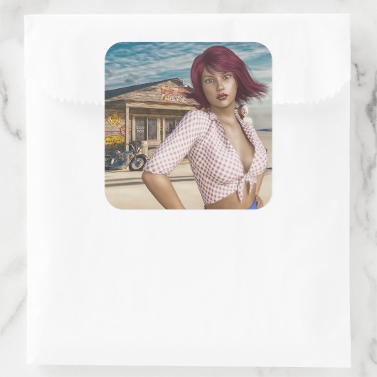 Retro  Meisje verlaten benzinestation Stickers (Tas)