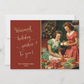 Retro meisjes bereiden cadeaus door een kerstboom feestdagenkaart (Voorkant)