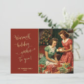 Retro meisjes bereiden cadeaus door een kerstboom feestdagenkaart (Staand voorkant)