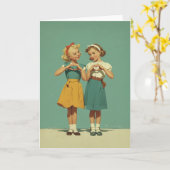 Retro Meisjes Delen Hartelijke Vreugde Kaart (Gele Bloem)