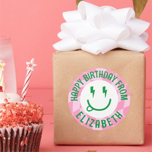 Retro Meisjes Gelukkig Gezicht Verjaardagscadeau S Ronde Sticker (Feest)