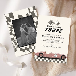 Retro Meisjes  Roze Race Auto Verjaardagsfeest Kaart