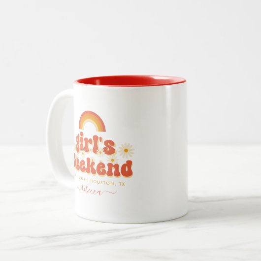 Retro Meisjes Weekend Aangepaste Naam Bachelorette Tweekleurige Koffiemok (Voorkant links)