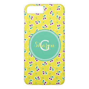 Retro meisjesachtig geel groen kersenpatroon monog Case-Mate iPhone case