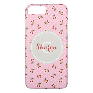Retro meisjesachtig roze kersen patronen monogram 	iPhone 8/7 plus hoesje