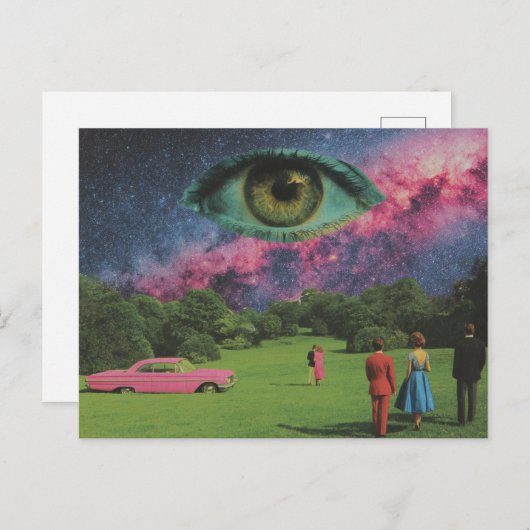 Retro Mensen en Roze Auto met Oog in Hemel Surreal Briefkaart (Voorkant / Achterkant)