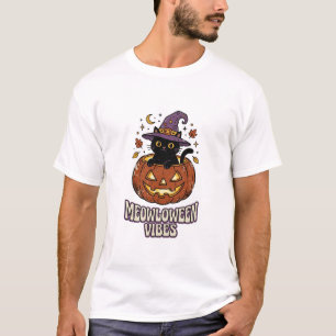 Retro Meowloween Sfeer Zwarte Kat Heks Pompoen T-shirt