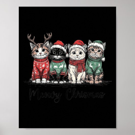Retro Meowy Christmas Cute Cats With Santa Claus H Poster (Voorkant)