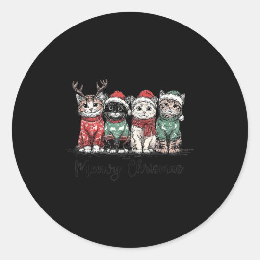 Retro Meowy Christmas Cute Cats With Santa Claus H Ronde Sticker (Voorkant)