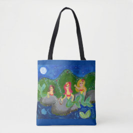 Retro Mermaid Grotto Folk Art Tote Bag