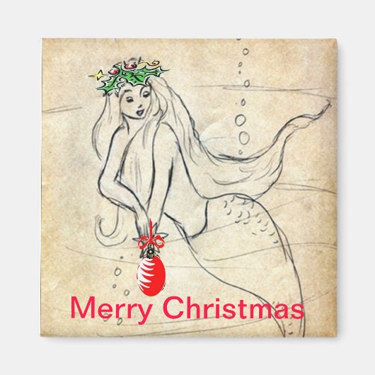 Retro Mermaid Merry kerst Magnet (Voorkant)