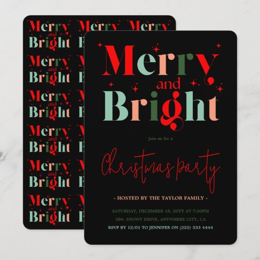 Retro Merry and Bright Christmas Party Kaart (Voorkant / Achterkant)