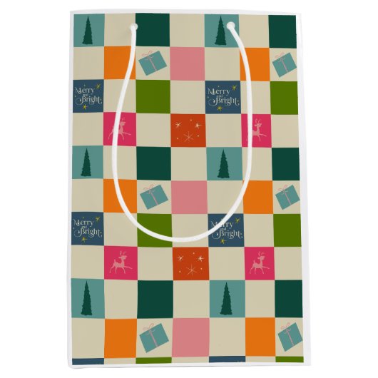 Retro Merry and Bright Christmas Wrapping Paper Medium Cadeauzakje (Voorkant)