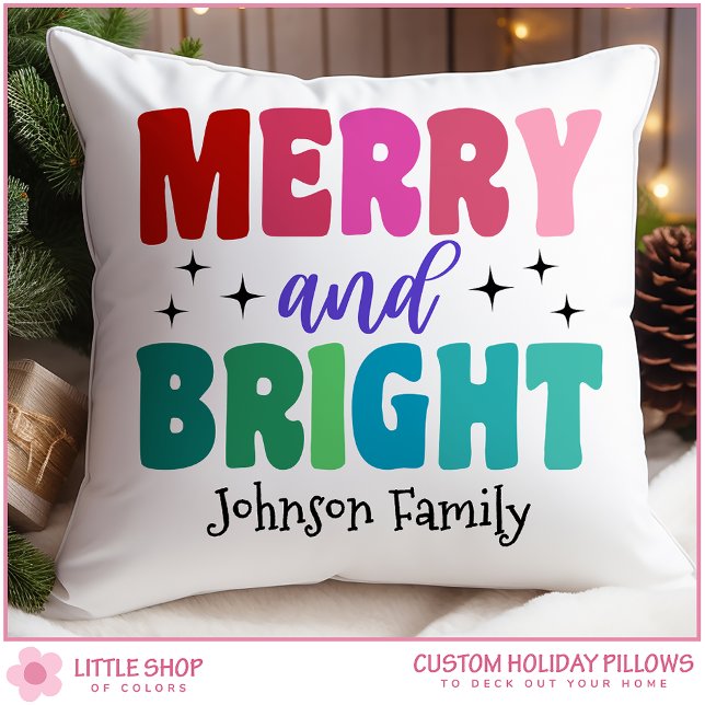 Retro Merry and Bright Customizable Name Christmas Kussen (Creator heeft geüpload)