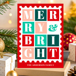 Retro Merry & Bright Christmas Postage Stamp Feestdagen Kaart