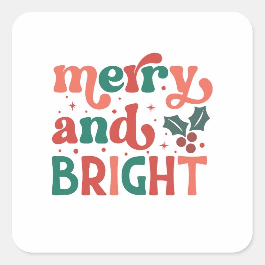 Retro Merry & Bright Christmas Typografie Vierkante Sticker (Voorkant)