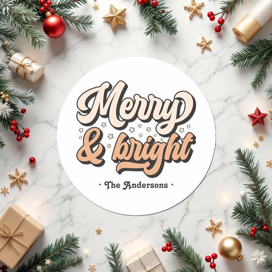 Retro Merry & Bright Holiday Custom Ronde Sticker