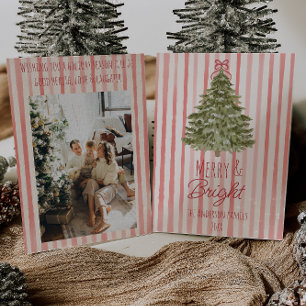 Retro Merry & Bright Red Stripes Kerstboom Feestdagenkaart