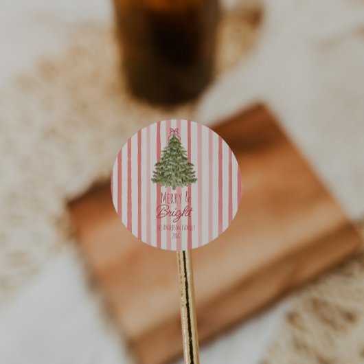 Retro Merry & Bright Red Stripes Kerstboom Ronde Sticker