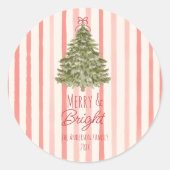 Retro Merry & Bright Red Stripes Kerstboom Ronde Sticker (Voorkant)