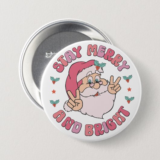 Retro Merry & Bright Santa Ronde Button 7,6 Cm (Voorkant /achterkant)